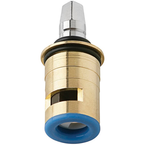A close-up of a brass Chicago Faucets right-hand ceramic cartridge with a blue ring.