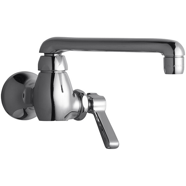 A Chicago Faucets wall-mounted pot and kettle filler with a silver lever handle.
