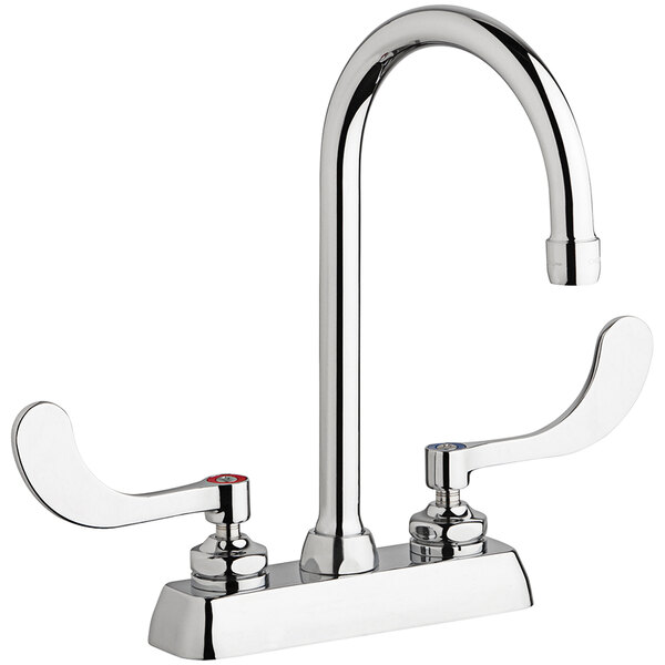 A silver Chicago Faucets deck-mounted faucet with two wristblade handles and a gooseneck spout.