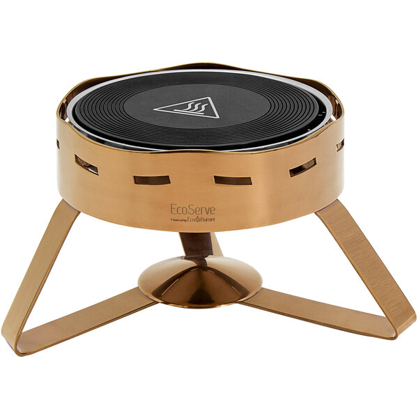 An EcoServe round small waterless chafer with black and gold accents on a table.