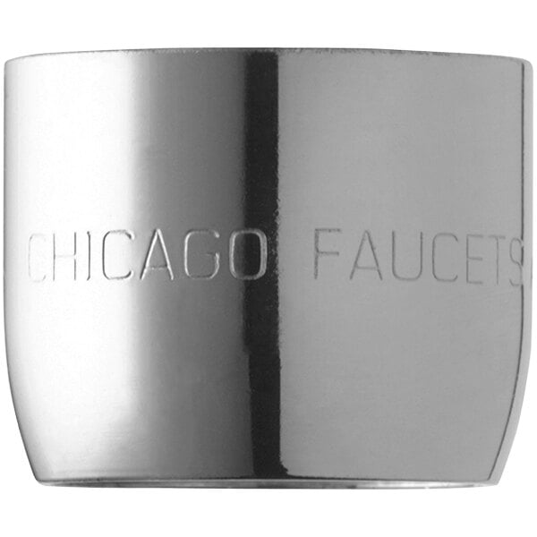 A Chicago Faucets chrome pressure compensating softflo aerator with a silver ring with writing on it.