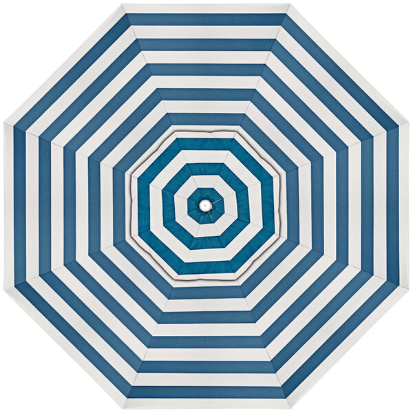 A close-up of a blue and white striped California Umbrella canopy.