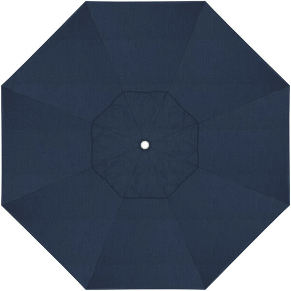 A close-up of a blue California Umbrella canopy with a white center.