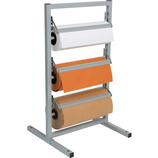 A white metal Bulman paper rack with three paper rolls on it.