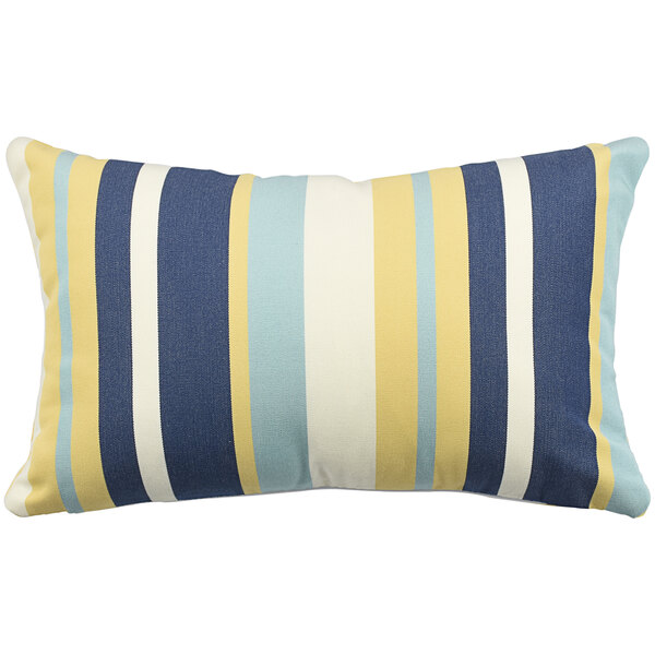 An Astella outdoor throw pillow with blue, yellow, and white stripes on a white background.