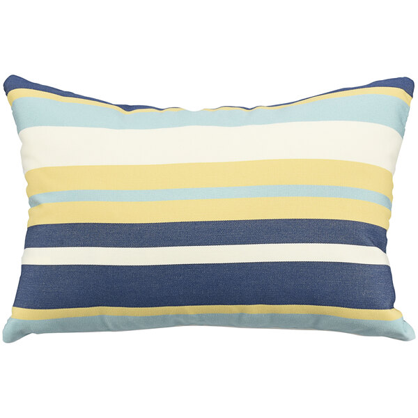 An Astella Captiva Admiral and Petrol Outdura throw pillow with yellow, blue, and white stripes on a white background.