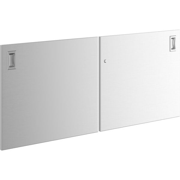 A white rectangular metal door with two round knobs.