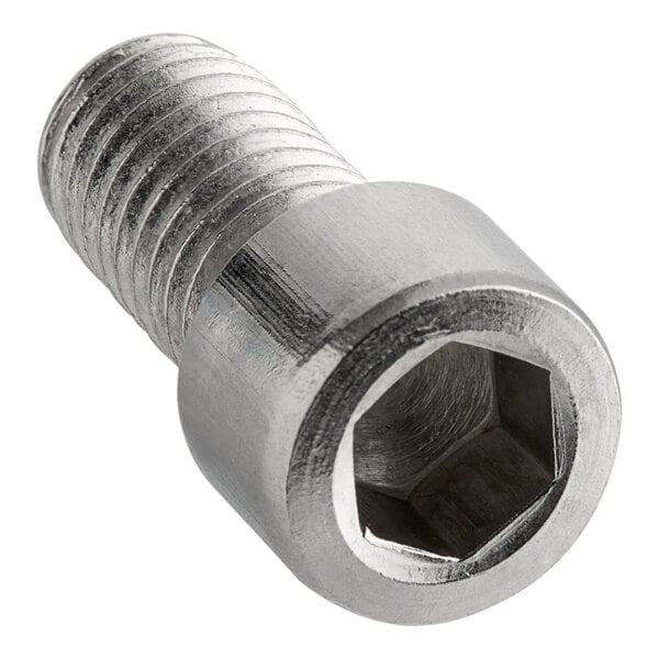 A stainless steel bolt with a hex head.