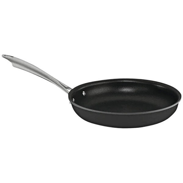 A black frying pan with a handle.