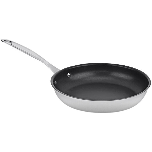 A close-up of a Cuisinart stainless steel non-stick frying pan with a black and white rim.