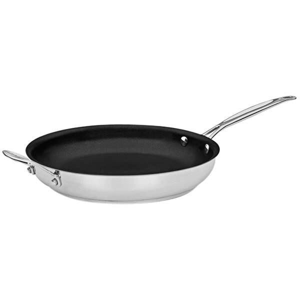 A Cuisinart stainless steel frying pan with a black handle.