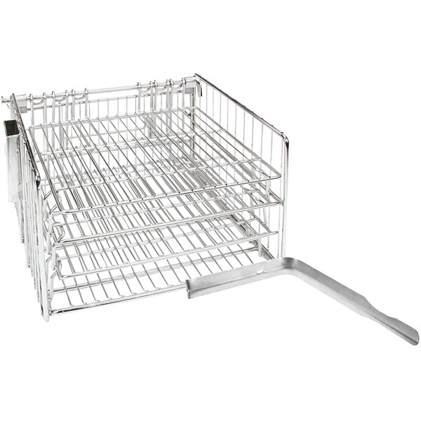 A Henny Penny stainless steel basket rack with a handle and three baskets.