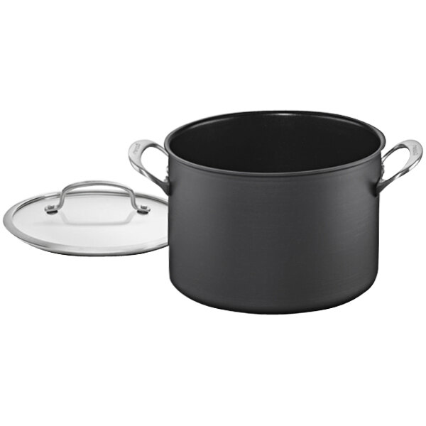 A Cuisinart black anodized aluminum stockpot with a glass lid.