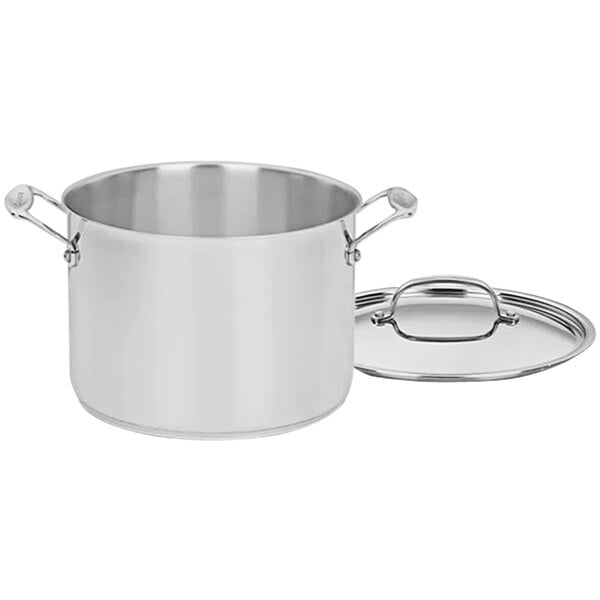A Cuisinart stainless steel stockpot with a lid.