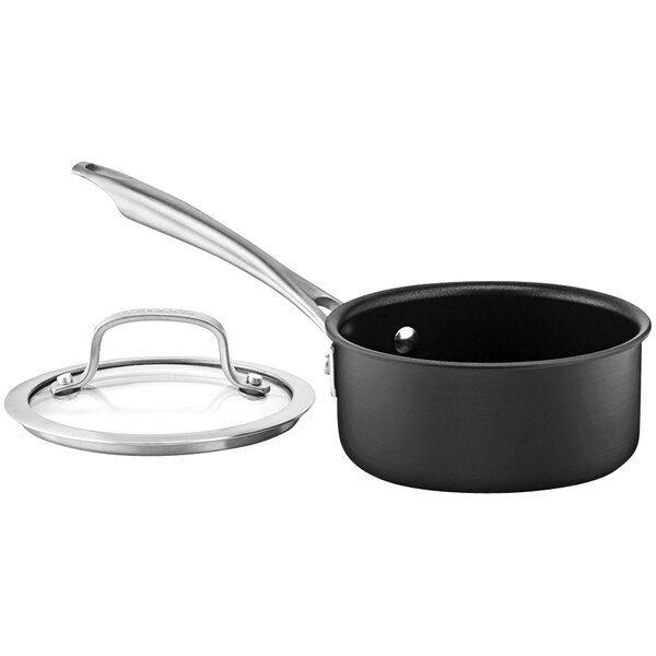 A black Cuisinart saucepan with a white lid.