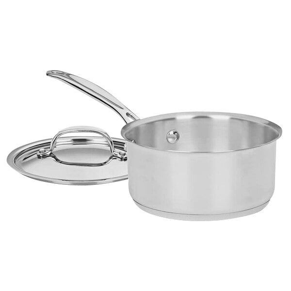 A silver Cuisinart stainless steel saucepan with a lid.