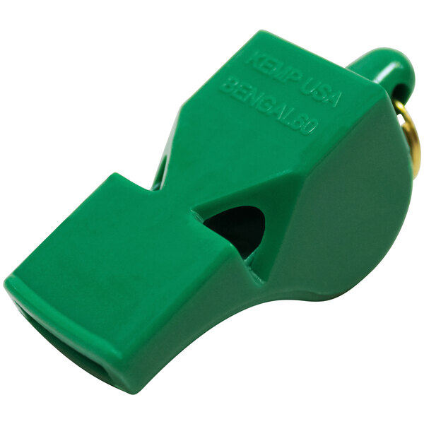A close up of a green Kemp USA whistle with a yellow handle and black center.
