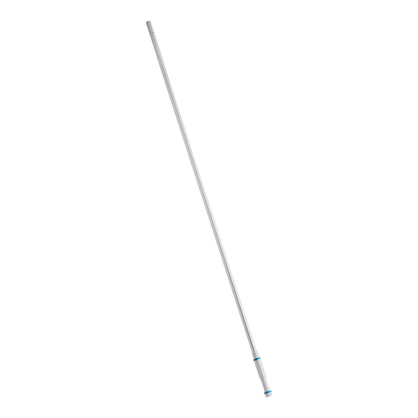 A long silver pole with a blue handle.
