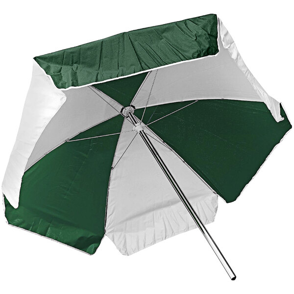 A green and white Kemp USA umbrella with a white handle.