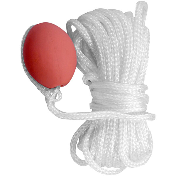A white rope with an orange float and a red ball on it.