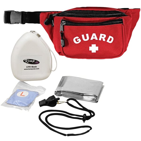 A red waist bag with a white cross and a black whistle inside.