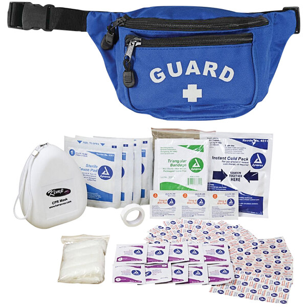 A Royal Blue waist bag with a white cross and a first aid kit inside.