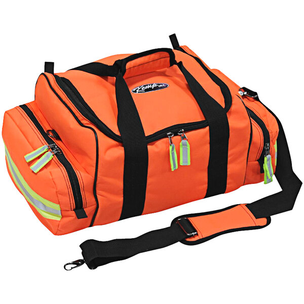 An orange duffel bag with straps and a reflective stripe.
