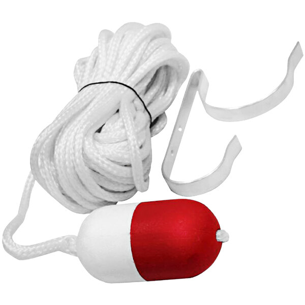 A white rope with a red and white ring buoy holder.