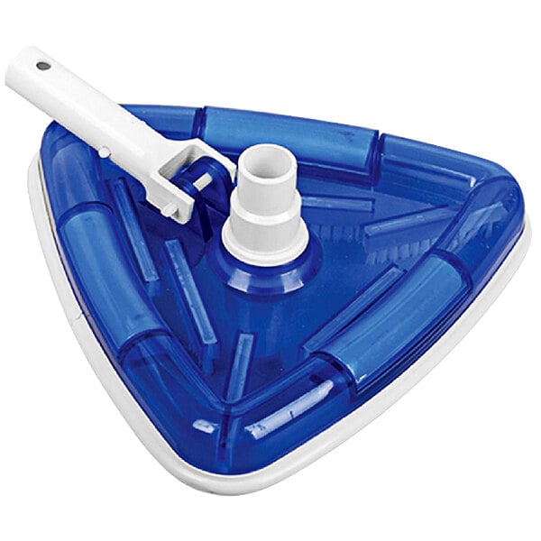 A blue and white triangular plastic pool vacuum head with a white handle.