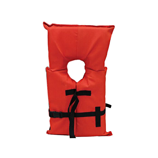 A red life jacket with a black strap.