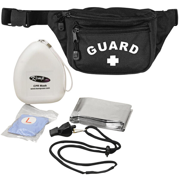 A black waist bag with white text that includes a first aid kit, a whistle, and a lifeguard essential supply pack.