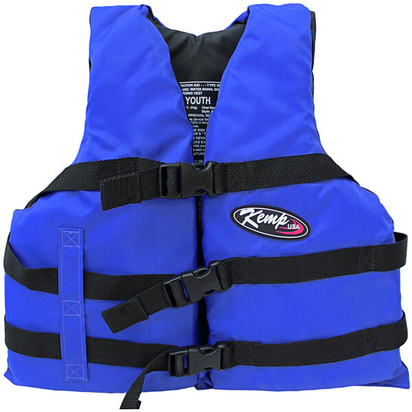 A blue Kemp USA youth life jacket with black straps.