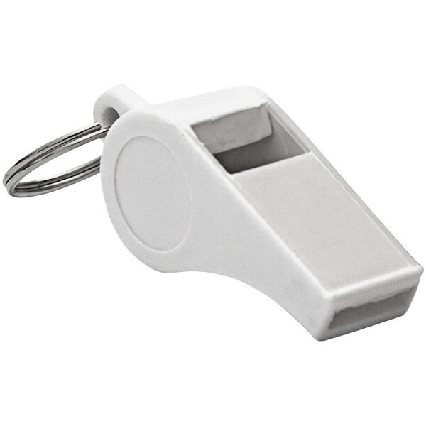 A white Kemp USA plastic whistle on a metal ring.