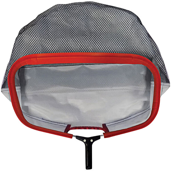 A grey mesh bag with red trim and a red handle.