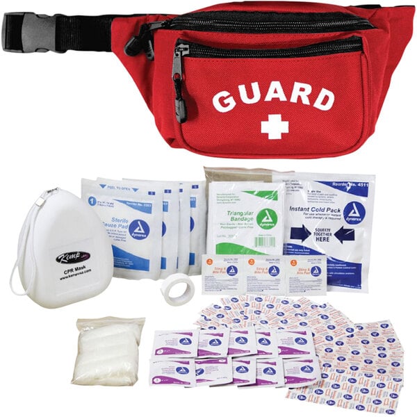 A red waist bag with a first aid kit inside.