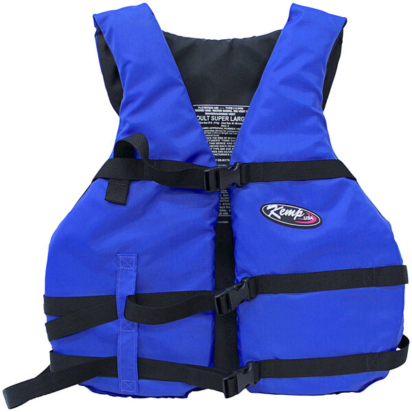 A blue Kemp USA adult life jacket with black straps.
