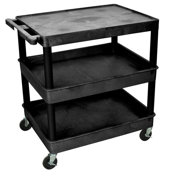 A Luxor black plastic utility cart with three shelves and wheels.