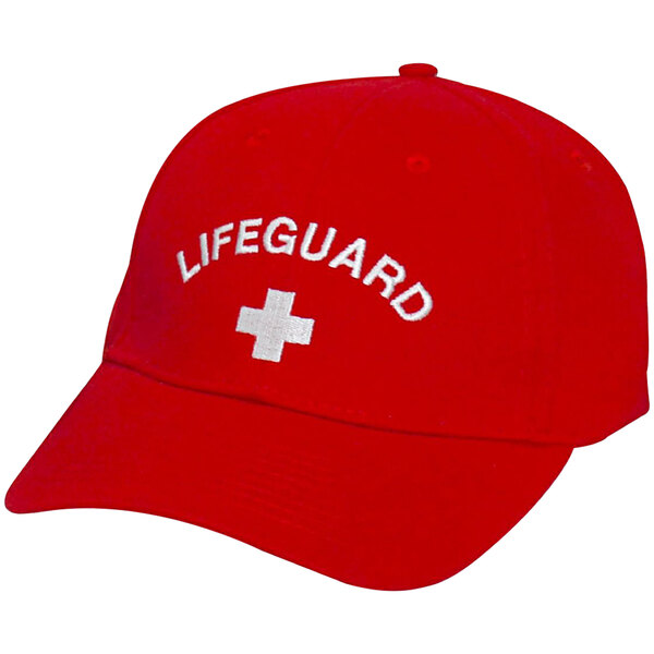 A red Kemp USA lifeguard hat with white embroidered LIFEGUARD logo.