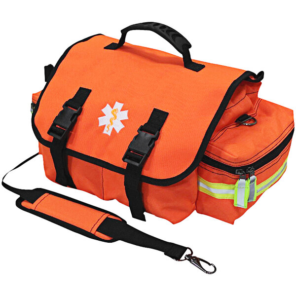 An orange Kemp USA first responder bag with a strap and a handle.