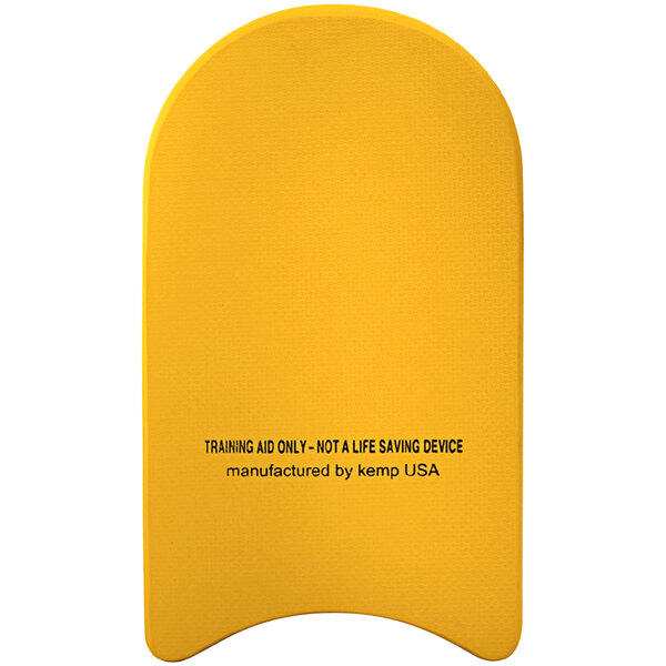 A yellow Kemp USA swim kickboard with black text.