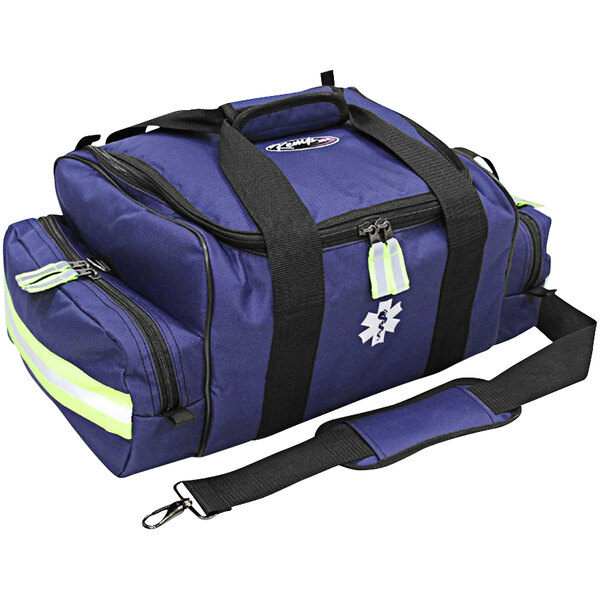 A navy blue Kemp USA Maxi Trauma Bag with black straps and a reflective stripe.