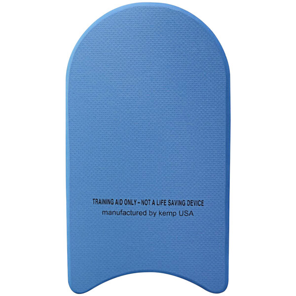 A royal blue plastic swim kickboard with black text.