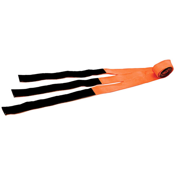 A pair of black and orange straps with hook and loop closures.