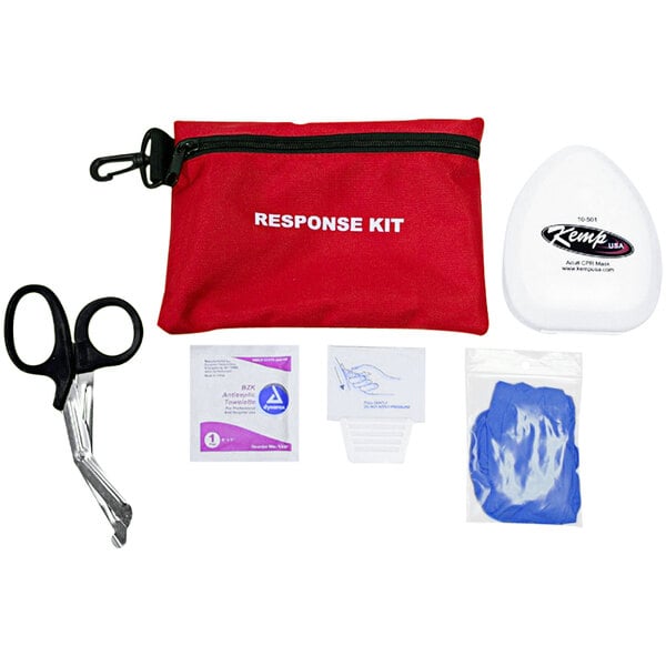 A white plastic Kemp USA AED emergency response kit container with black text.