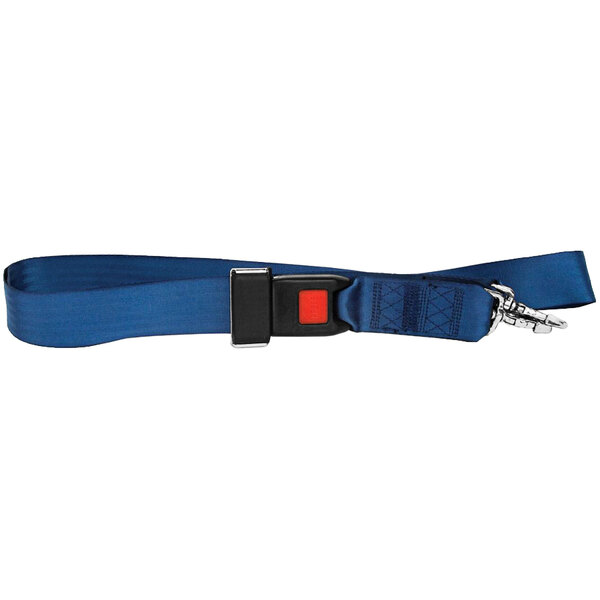 A royal blue Kemp USA spineboard strap with metal seat belt buckle.
