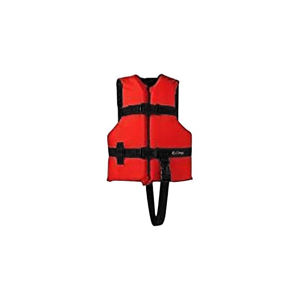A red Kemp USA child life jacket with black straps.