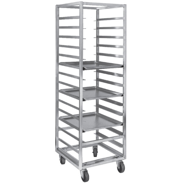 A Channel stainless steel sheet pan rack with four shelves on wheels.