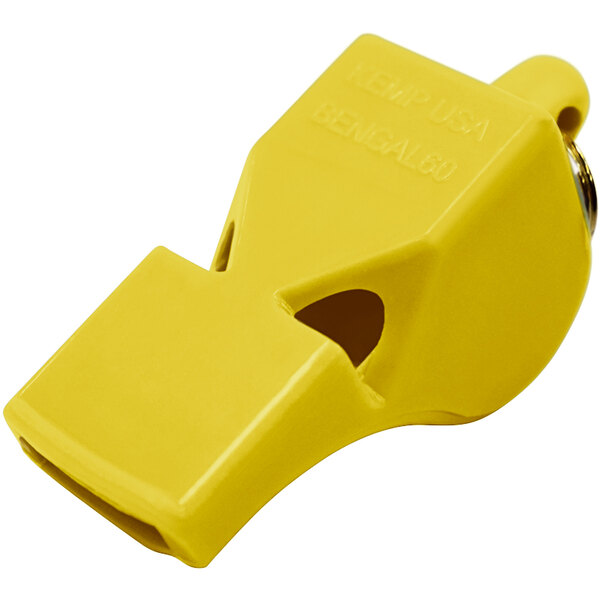 A yellow Kemp USA whistle with a hole.
