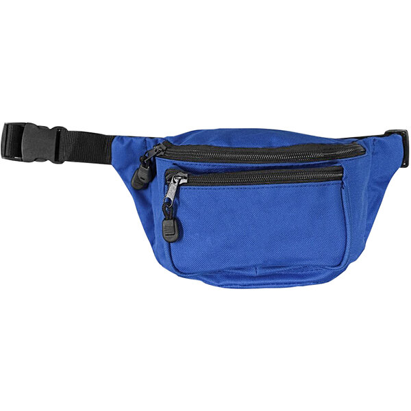 A royal blue waist bag with black zippers.