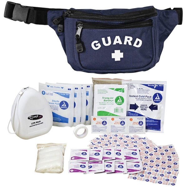 A navy blue waist bag labeled "First Aid" with a first aid kit inside.